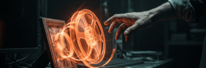 Futuristic holographic gear and digital interface representing AI technology.