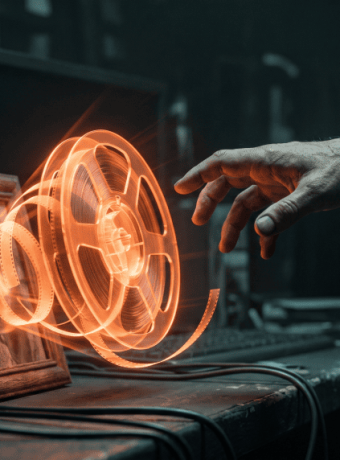Futuristic holographic gear and digital interface representing AI technology.