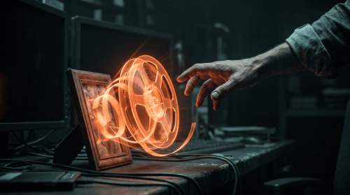 Futuristic holographic gear and digital interface representing AI technology.