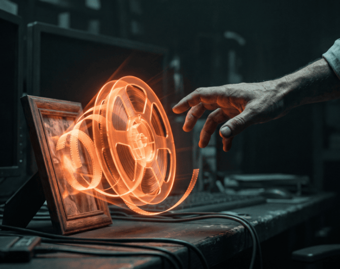 Futuristic holographic gear and digital interface representing AI technology.