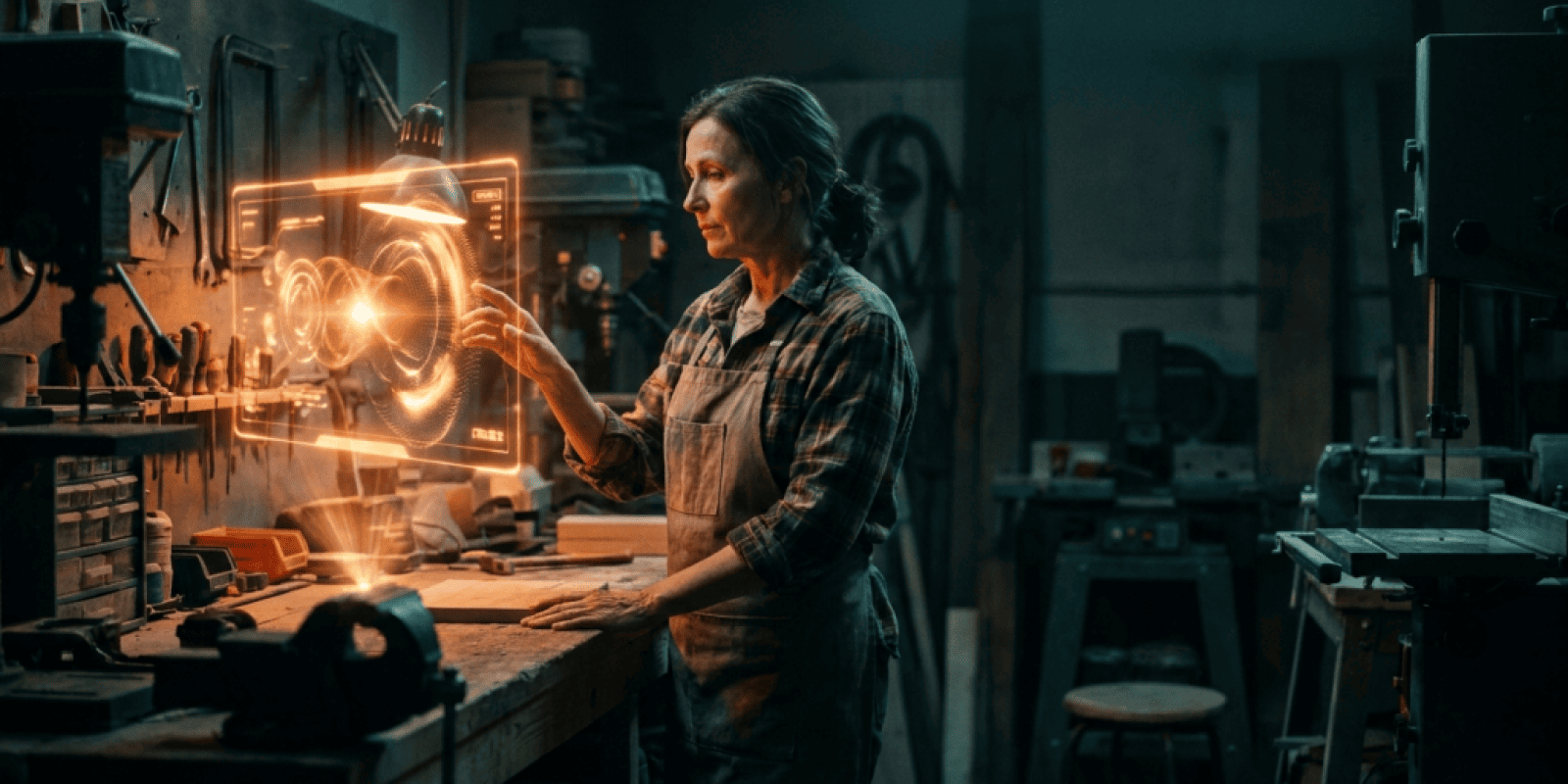 Female engineer using holographic interface in industrial workshop.