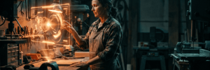 Female engineer using holographic interface in industrial workshop.