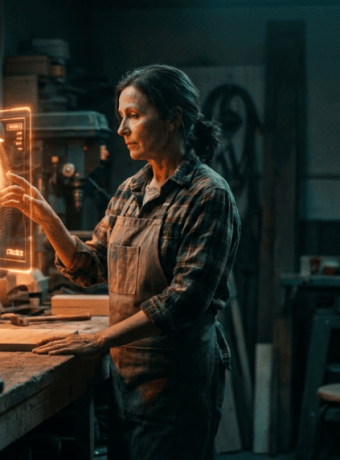 Female engineer using holographic interface in industrial workshop.