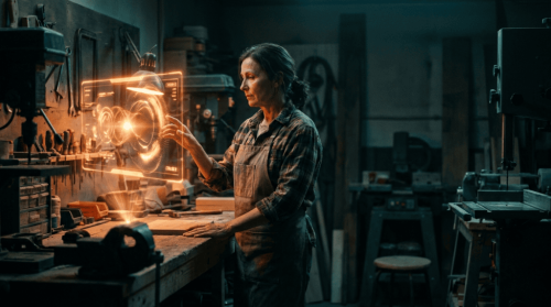 Female engineer using holographic interface in industrial workshop.