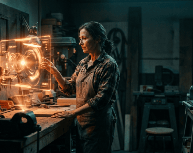 Female engineer using holographic interface in industrial workshop.