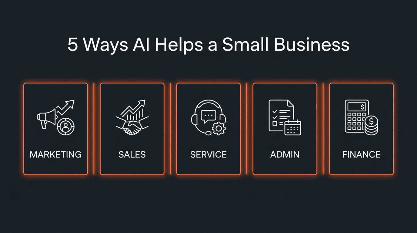 Infographic showing five ways AI helps a small business: marketing, sales, customer service, admin, and finance