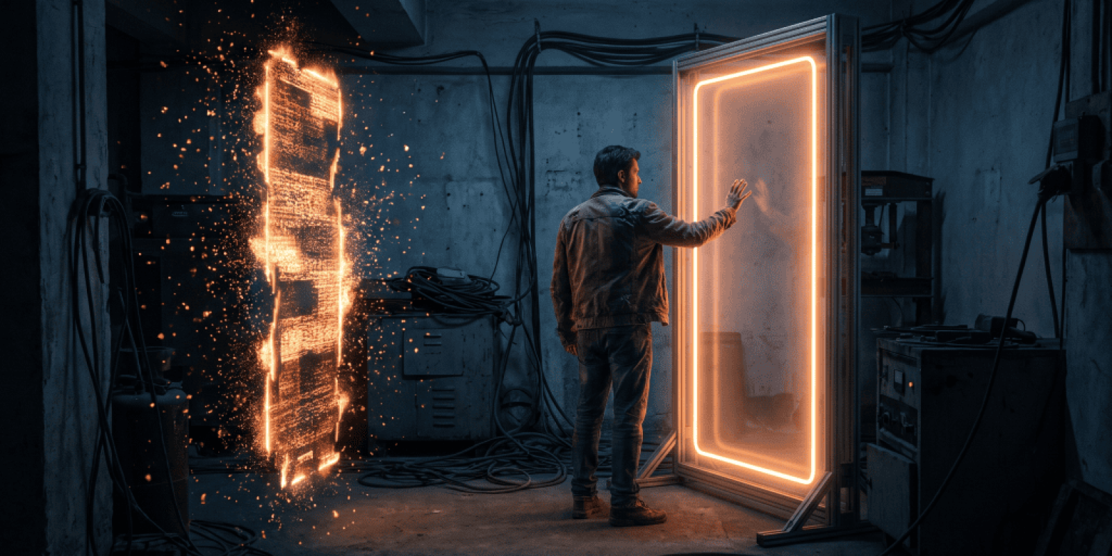 Futuristic digital door with glowing neon frame and sparks in a tech lab.