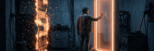 Futuristic digital door with glowing neon frame and sparks in a tech lab.