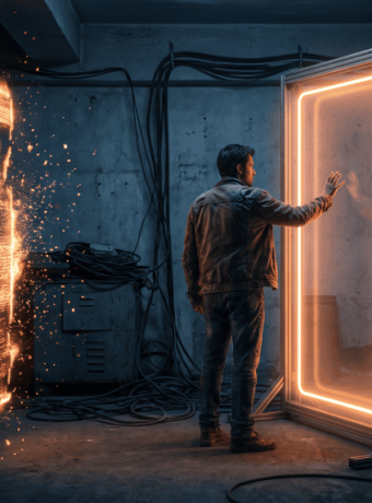 Futuristic digital door with glowing neon frame and sparks in a tech lab.