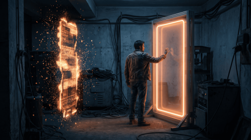 Futuristic digital door with glowing neon frame and sparks in a tech lab.