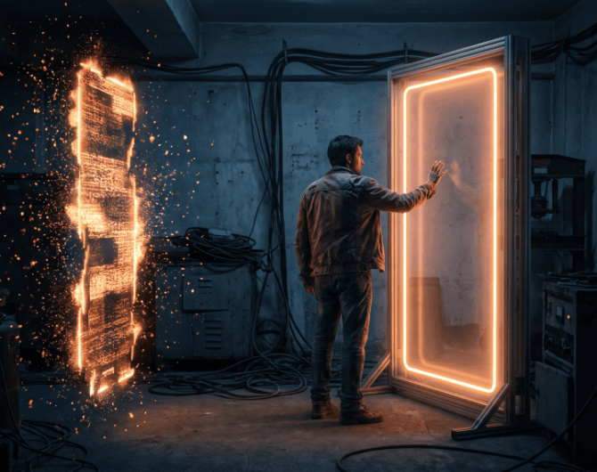 Futuristic digital door with glowing neon frame and sparks in a tech lab.