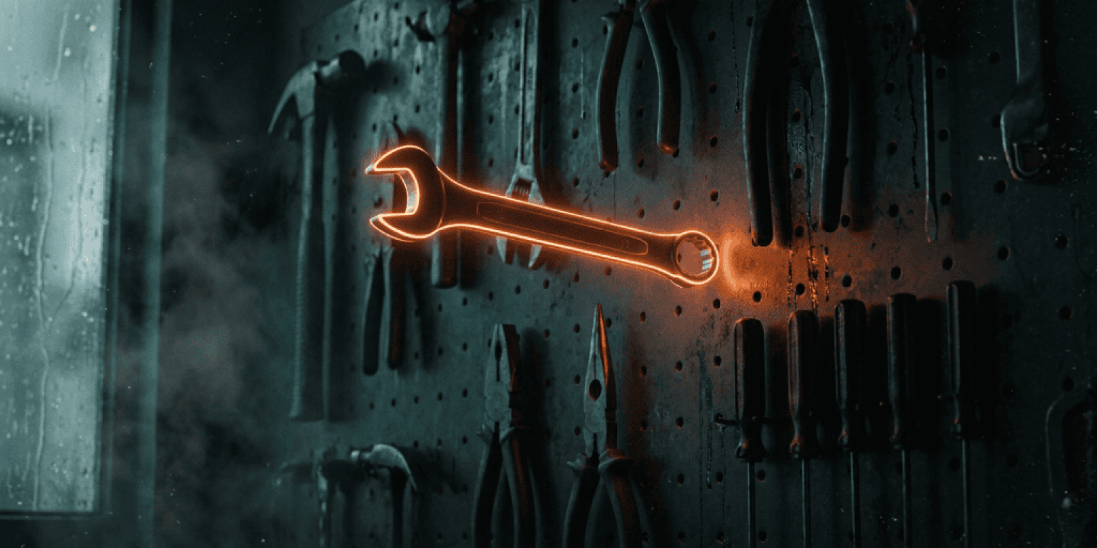 Glowing orange wrench on a tool wall in a workshop setting.