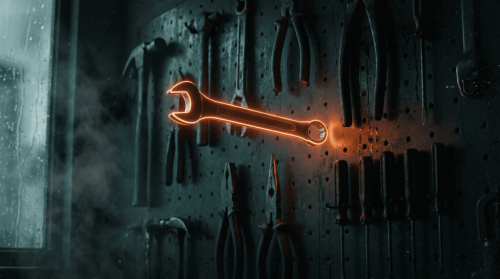 Glowing orange wrench on a tool wall in a workshop setting.