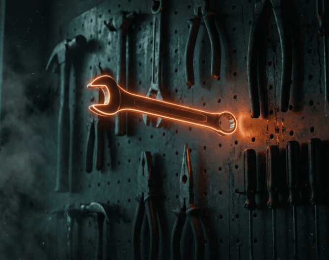 Glowing orange wrench on a tool wall in a workshop setting.