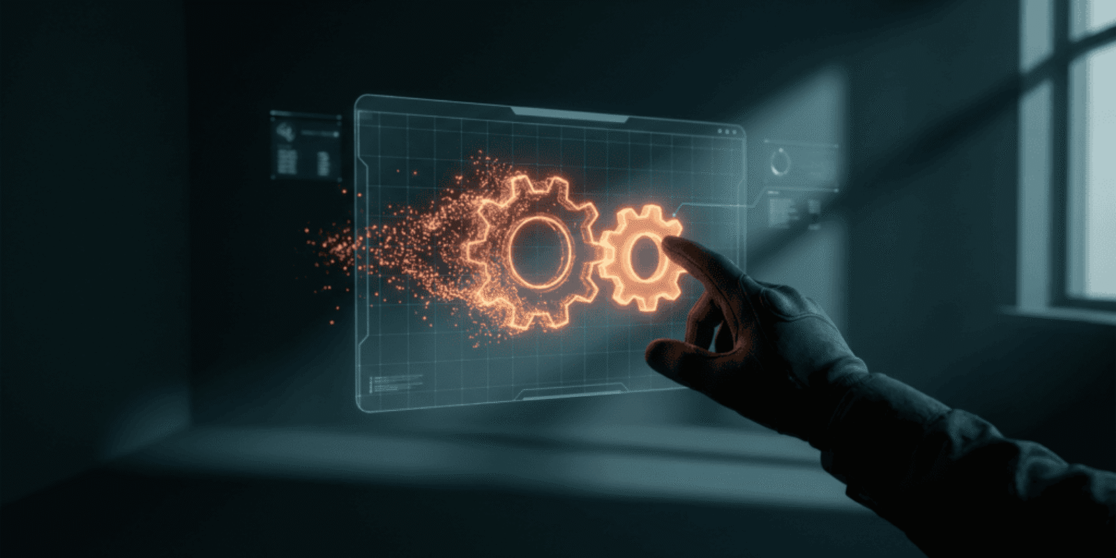 Futuristic digital interface with glowing gears and technology elements.