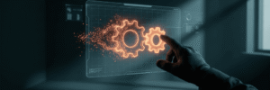 Futuristic digital interface with glowing gears and technology elements.