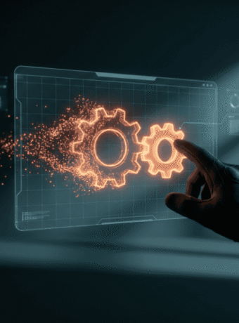Futuristic digital interface with glowing gears and technology elements.