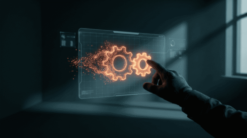 Futuristic digital interface with glowing gears and technology elements.