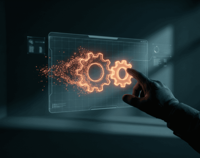 Futuristic digital interface with glowing gears and technology elements.
