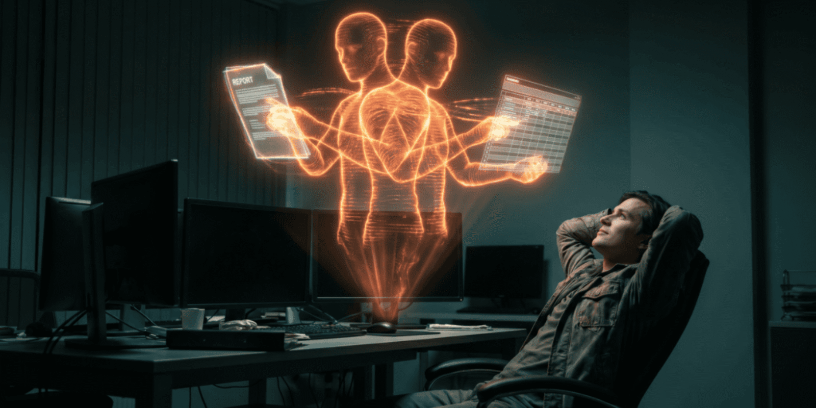 Glowing orange holographic AI splitting into two forms to simultaneously assemble a report and spreadsheet for a small business owner, representing Claude Cowork and ChatGPT Work launching days apart