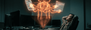 Glowing orange holographic AI splitting into two forms to simultaneously assemble a report and spreadsheet for a small business owner, representing Claude Cowork and ChatGPT Work launching days apart
