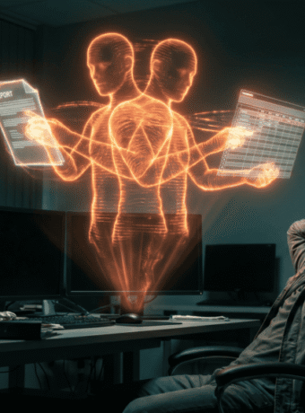 Glowing orange holographic AI splitting into two forms to simultaneously assemble a report and spreadsheet for a small business owner, representing Claude Cowork and ChatGPT Work launching days apart