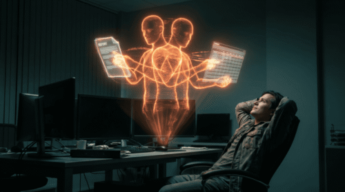 Glowing orange holographic AI splitting into two forms to simultaneously assemble a report and spreadsheet for a small business owner, representing Claude Cowork and ChatGPT Work launching days apart