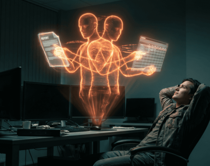 Glowing orange holographic AI splitting into two forms to simultaneously assemble a report and spreadsheet for a small business owner, representing Claude Cowork and ChatGPT Work launching days apart
