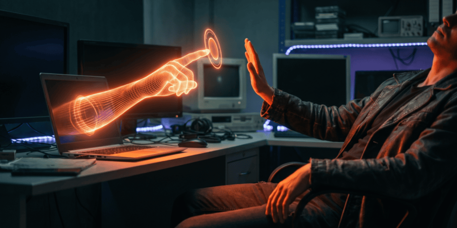 Person interacting with holographic AI interface in a high-tech lab.