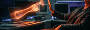 Person interacting with holographic AI interface in a high-tech lab.