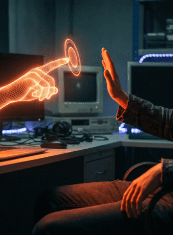 Person interacting with holographic AI interface in a high-tech lab.