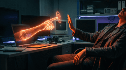Person interacting with holographic AI interface in a high-tech lab.