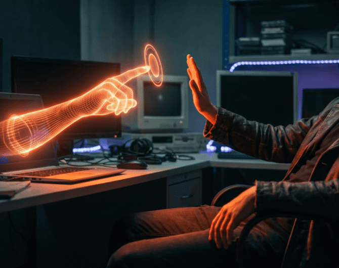 Person interacting with holographic AI interface in a high-tech lab.