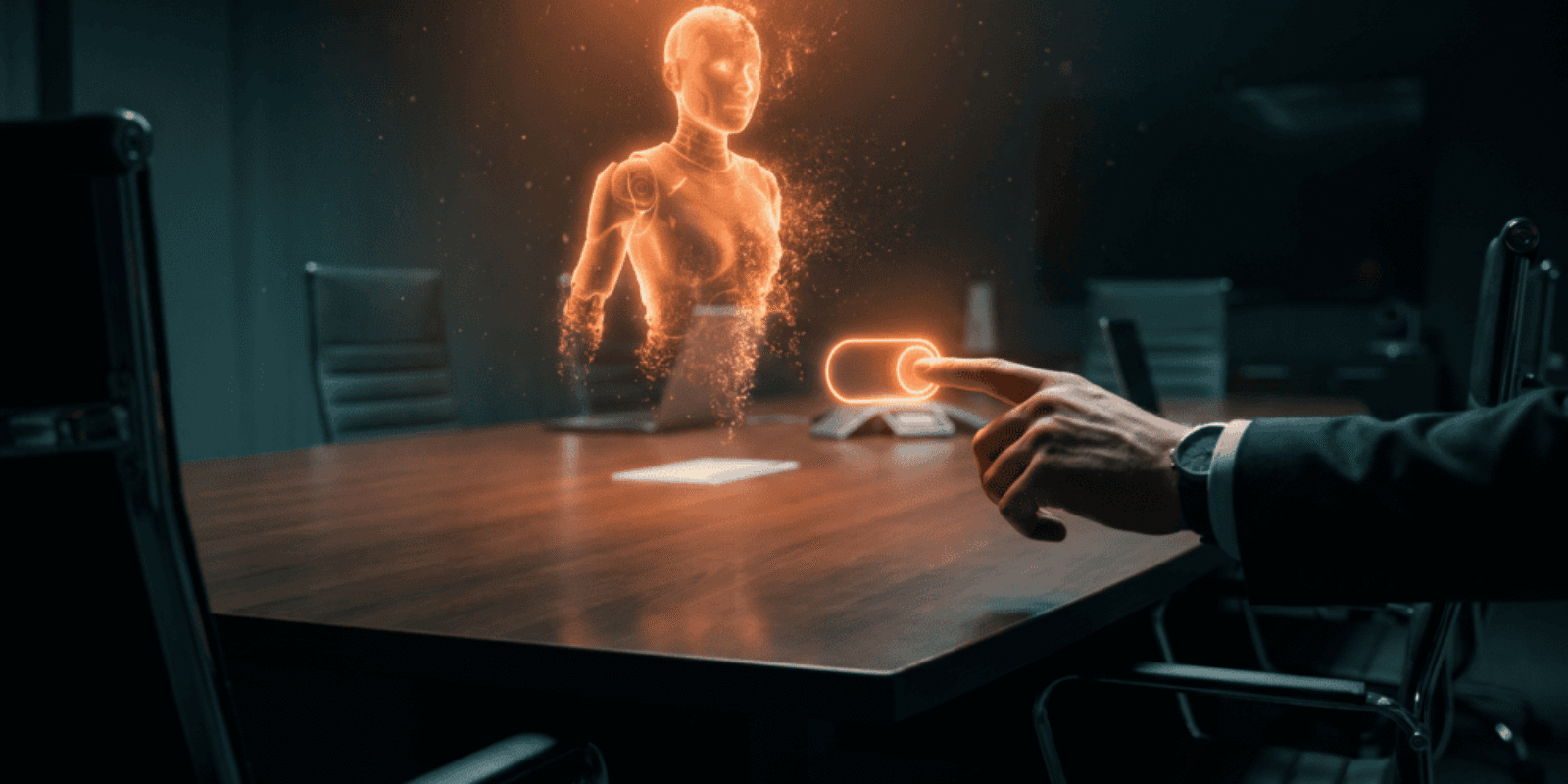 Human interacting with holographic AI figure in a dark conference room.