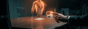 Human interacting with holographic AI figure in a dark conference room.