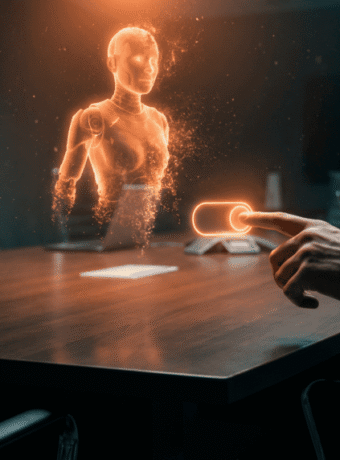 Human interacting with holographic AI figure in a dark conference room.