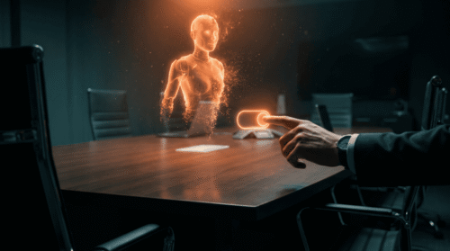 Human interacting with holographic AI figure in a dark conference room.