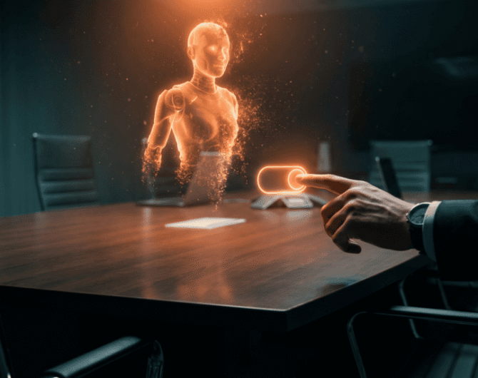 Human interacting with holographic AI figure in a dark conference room.