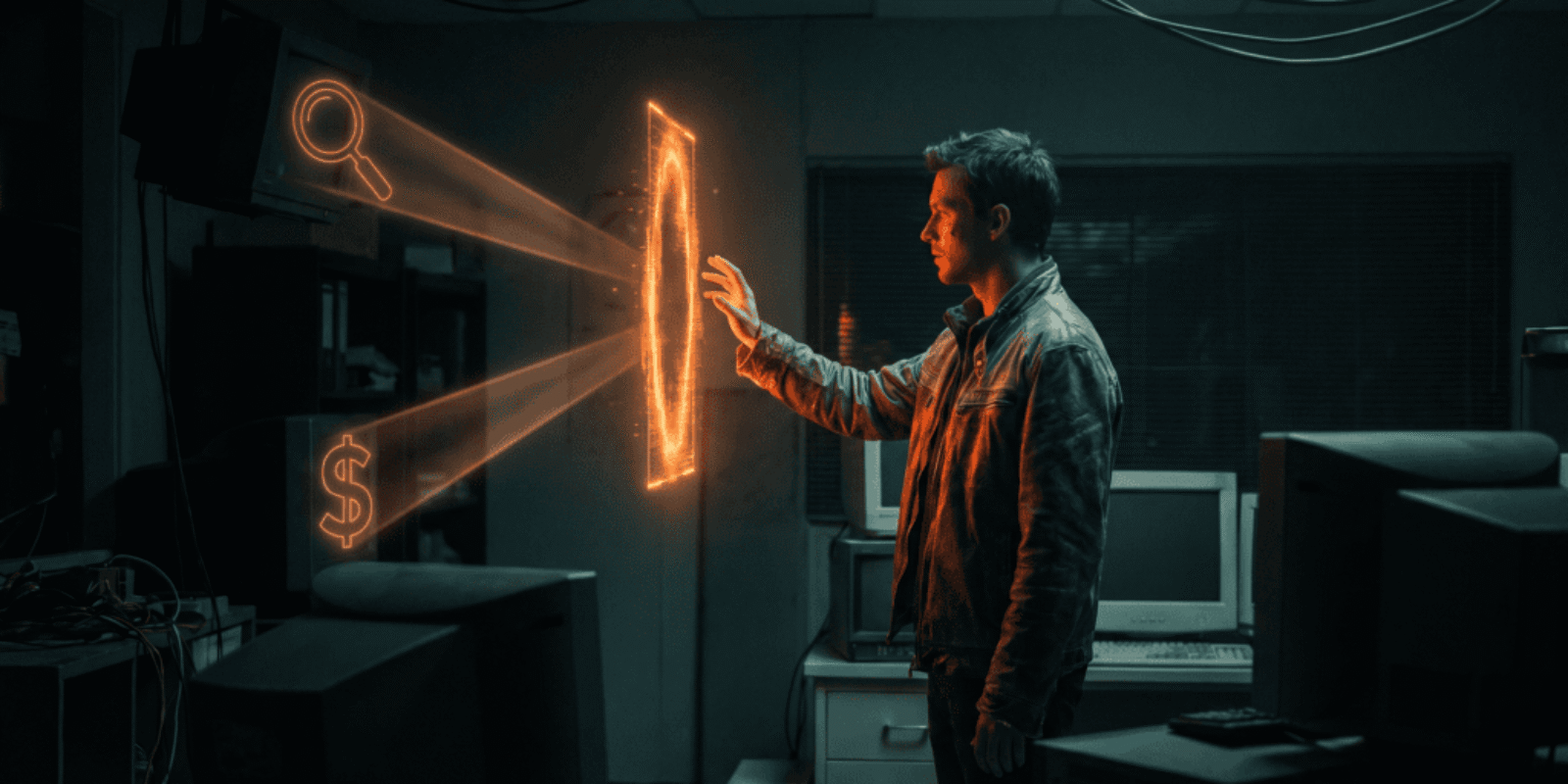 Young man interacting with holographic AI interface in a tech lab.