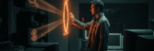 Young man interacting with holographic AI interface in a tech lab.