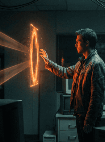 Young man interacting with holographic AI interface in a tech lab.