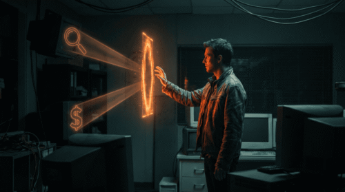 Young man interacting with holographic AI interface in a tech lab.