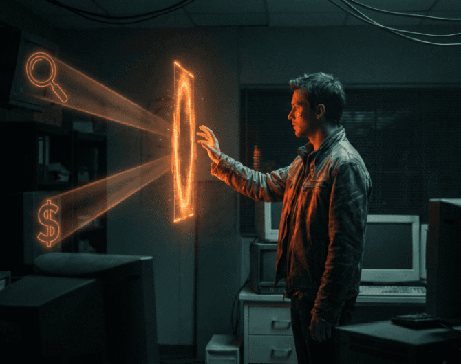 Young man interacting with holographic AI interface in a tech lab.