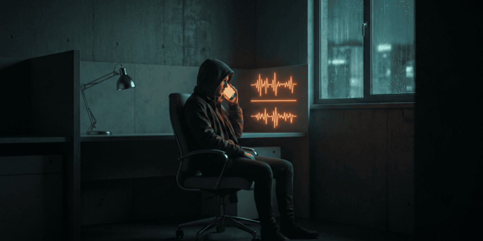 Person using AI technology in a dark, modern office setting with digital waveforms.