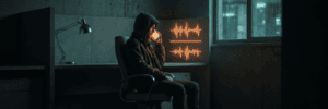 Person using AI technology in a dark, modern office setting with digital waveforms.