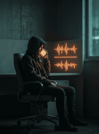 Person using AI technology in a dark, modern office setting with digital waveforms.
