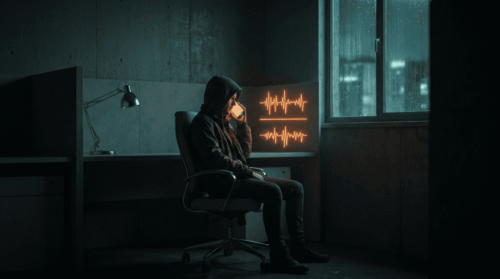 Person using AI technology in a dark, modern office setting with digital waveforms.