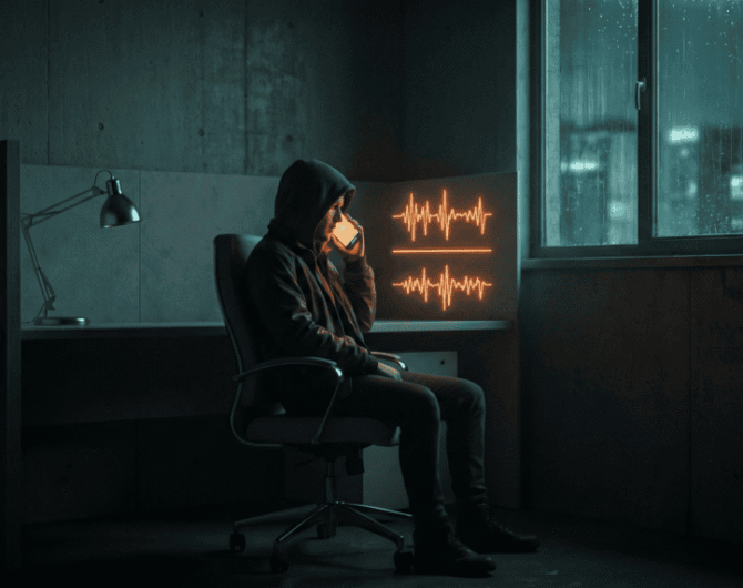 Person using AI technology in a dark, modern office setting with digital waveforms.