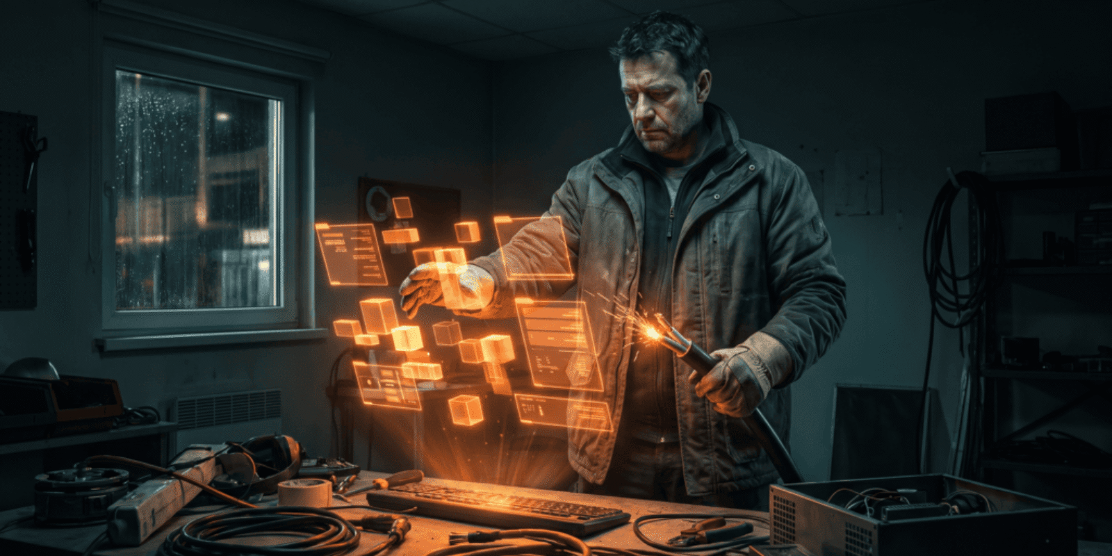 Technician working on advanced electronic equipment in a dimly lit lab.