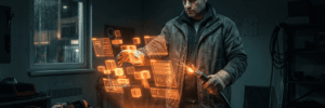 Technician working on advanced electronic equipment in a dimly lit lab.